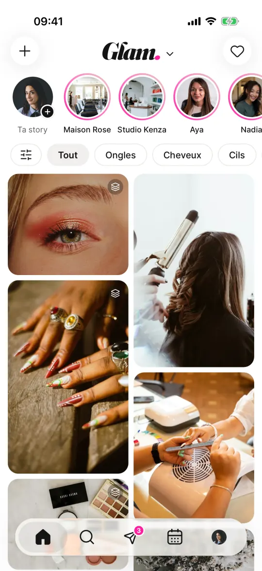 Le fil d'inspiration de Glam : des photos d'ongles, de cils et de coiffures de salons