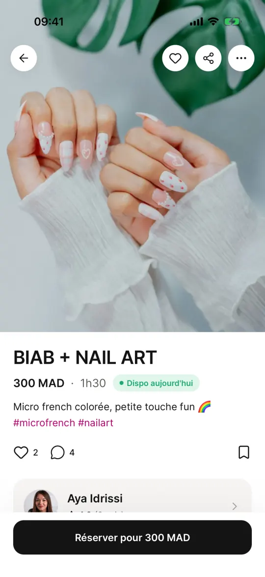 Un look de salon avec son prix, sa durée et le bouton Réserver