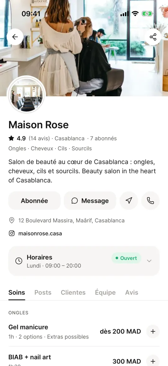 La page d'un salon : avis, horaires et soins